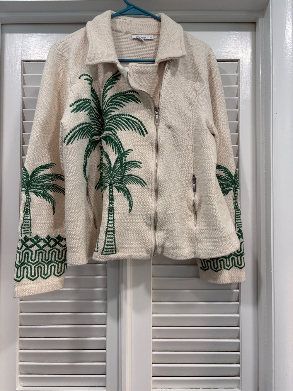 Chico's Cream Zip-Front Jacket with Green Palm Embroidery